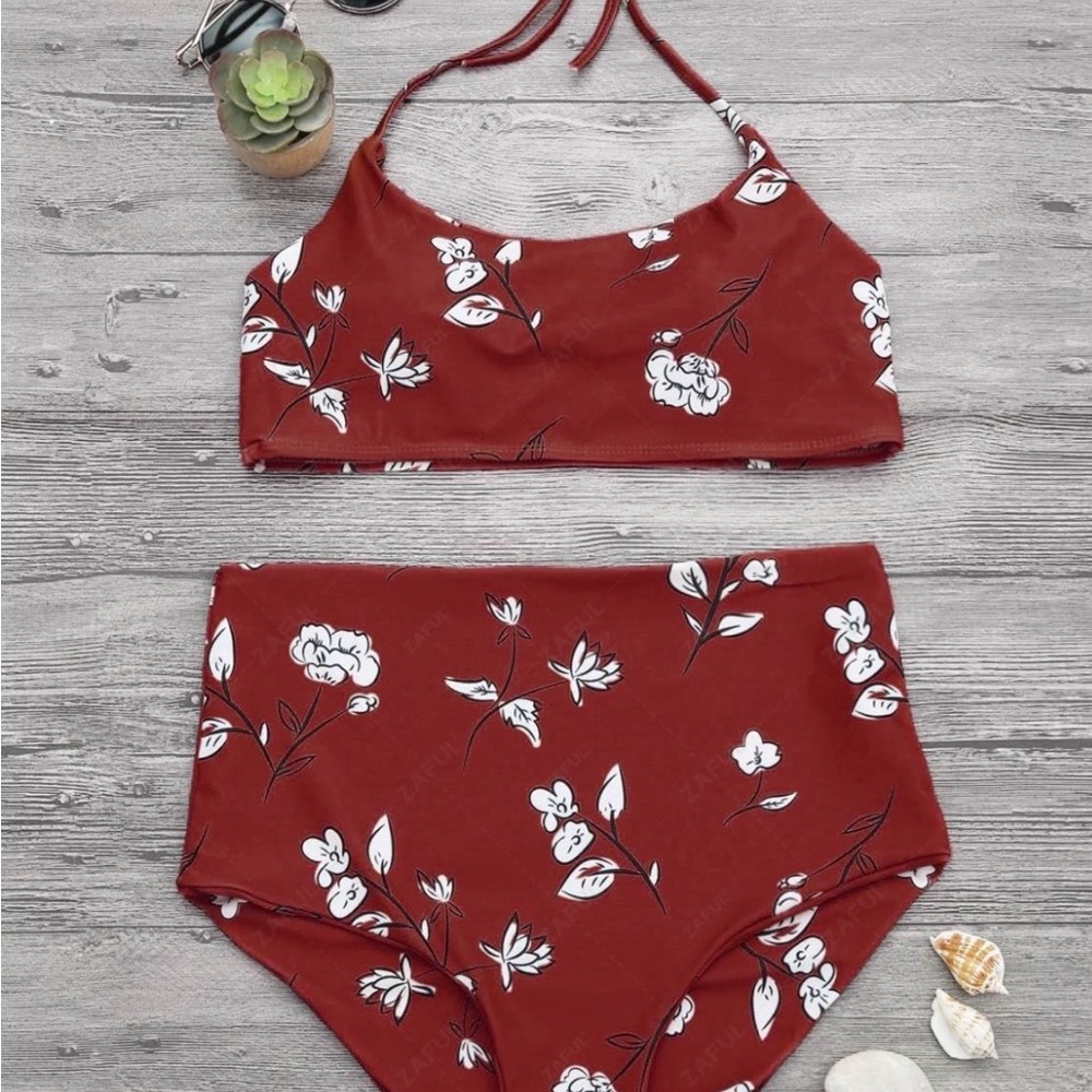 Women’s Floral High-Waist Bikini Set - Rust Red